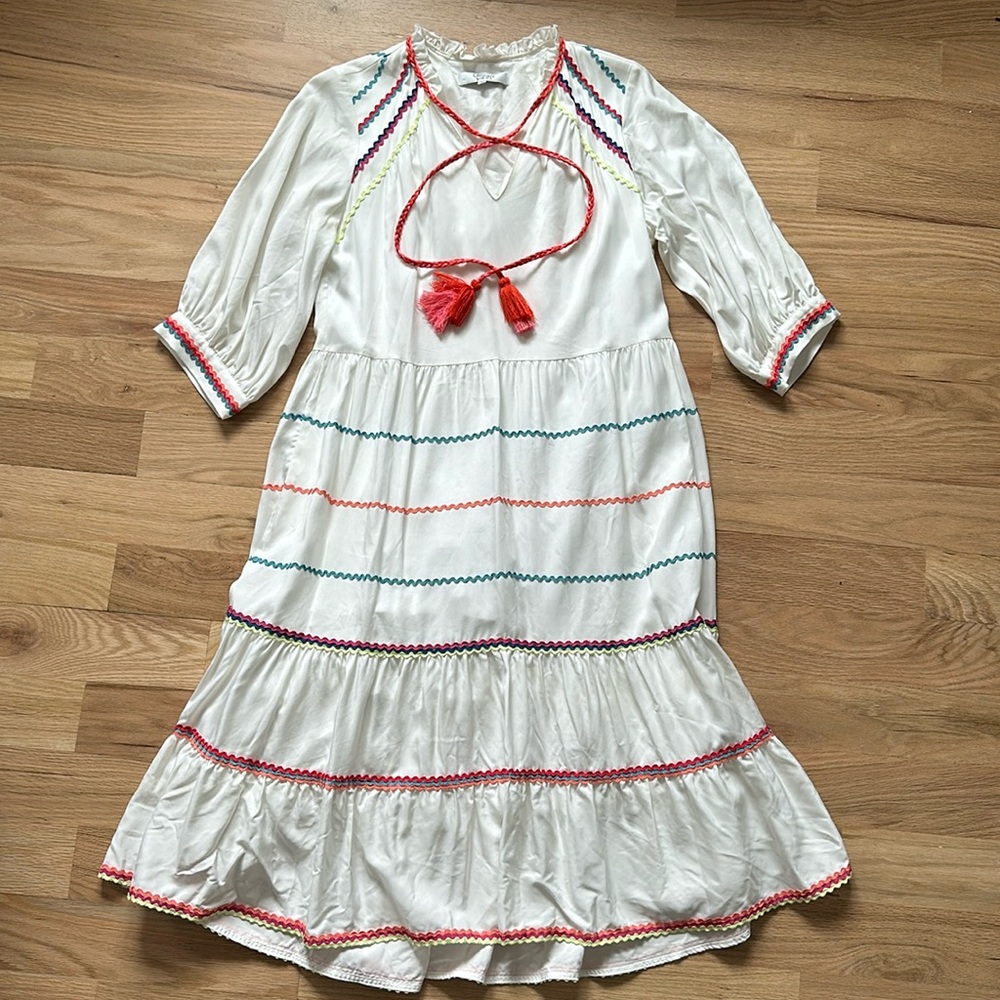 CROSBY by Mollie Burch Talulah white dress rainbow ric rac trim women's Small